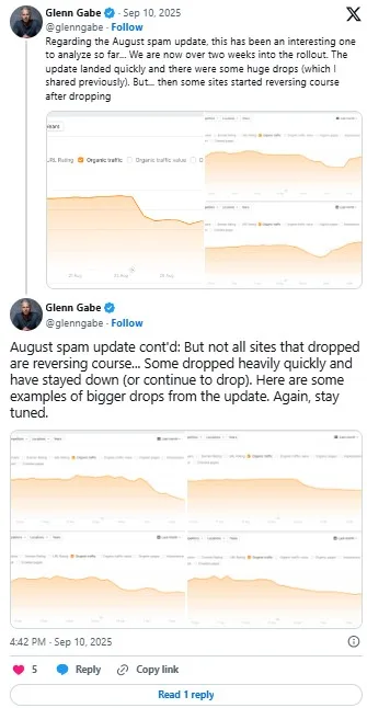 Glenn Gabe posted about Google’s August 2025 Spam Update Sparks